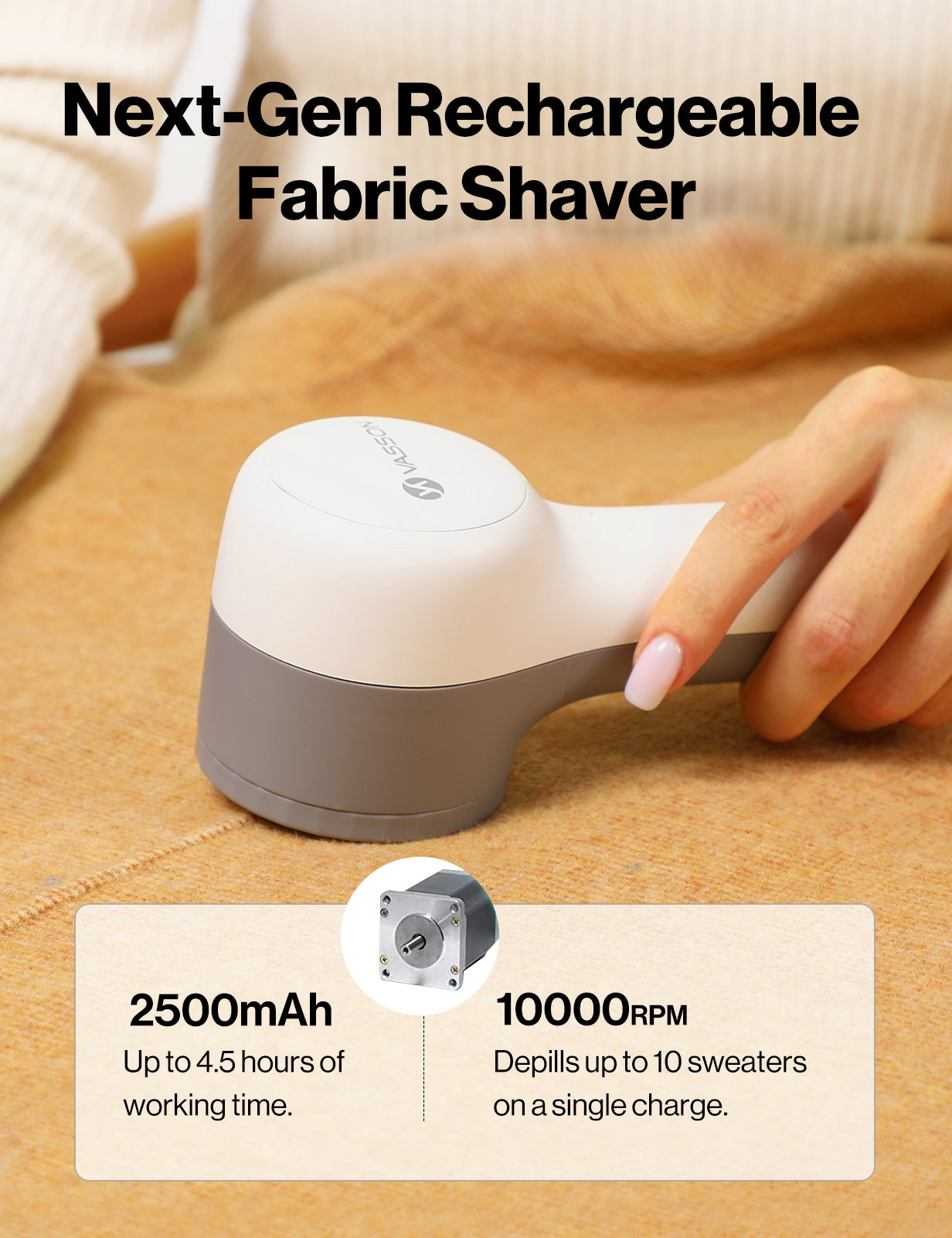 VASSON Fabric Shaver, Sweater Shavers to Remove Pilling, High-Perf Defuzzer, Rechargeable Electric Lint Shaver for Fuzz and Lint Balls from Clothing, Upholstery, Bedding