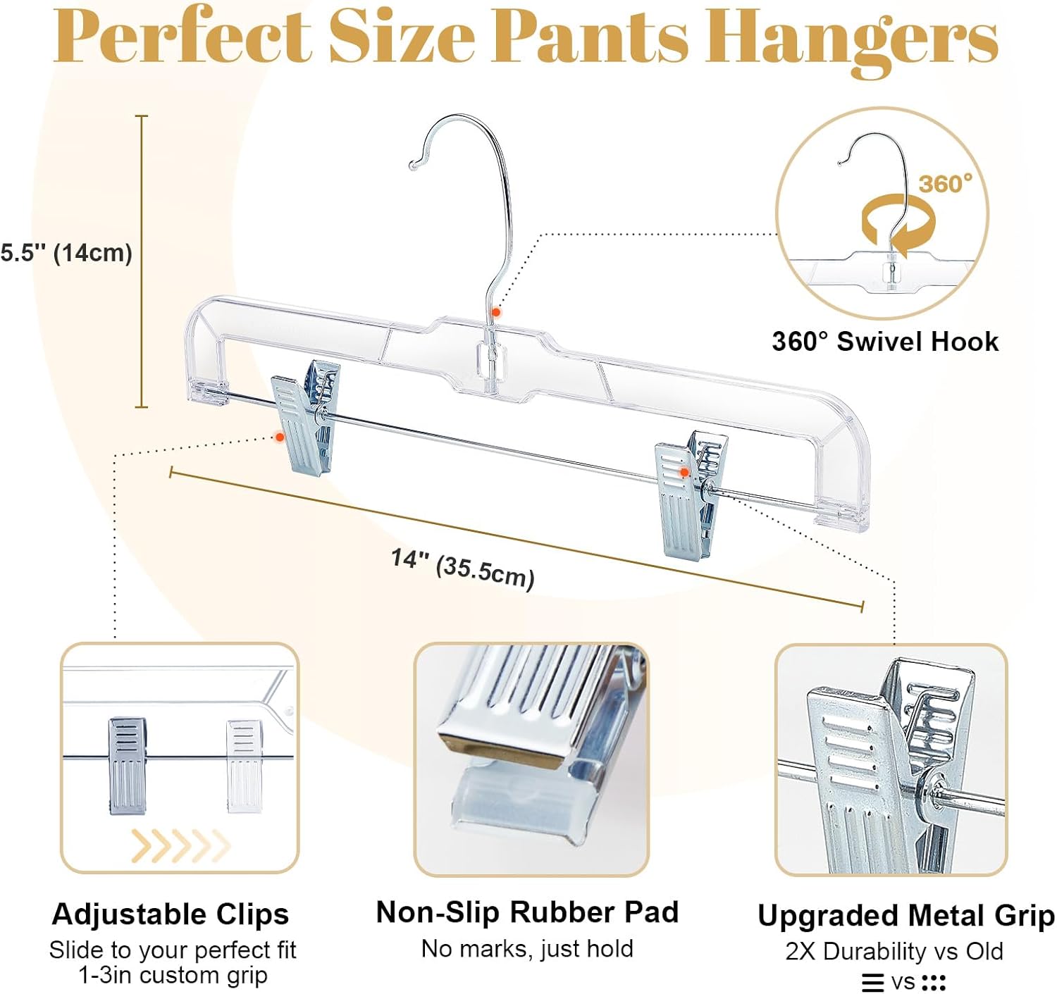 HOUSE DAY 14 Inch Clear Plastic Pants Skirt Hangers 360° Swivel Hook With Clips